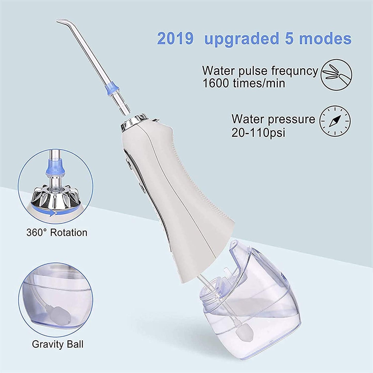 Rechargeable Water Dental Flosser Cordless: Power Teeth Cleaner with USB Cable, IPX7 Waterproof Flosser for Oral Bridges Care with 5 Mode, 300ML Detachable Water Tank