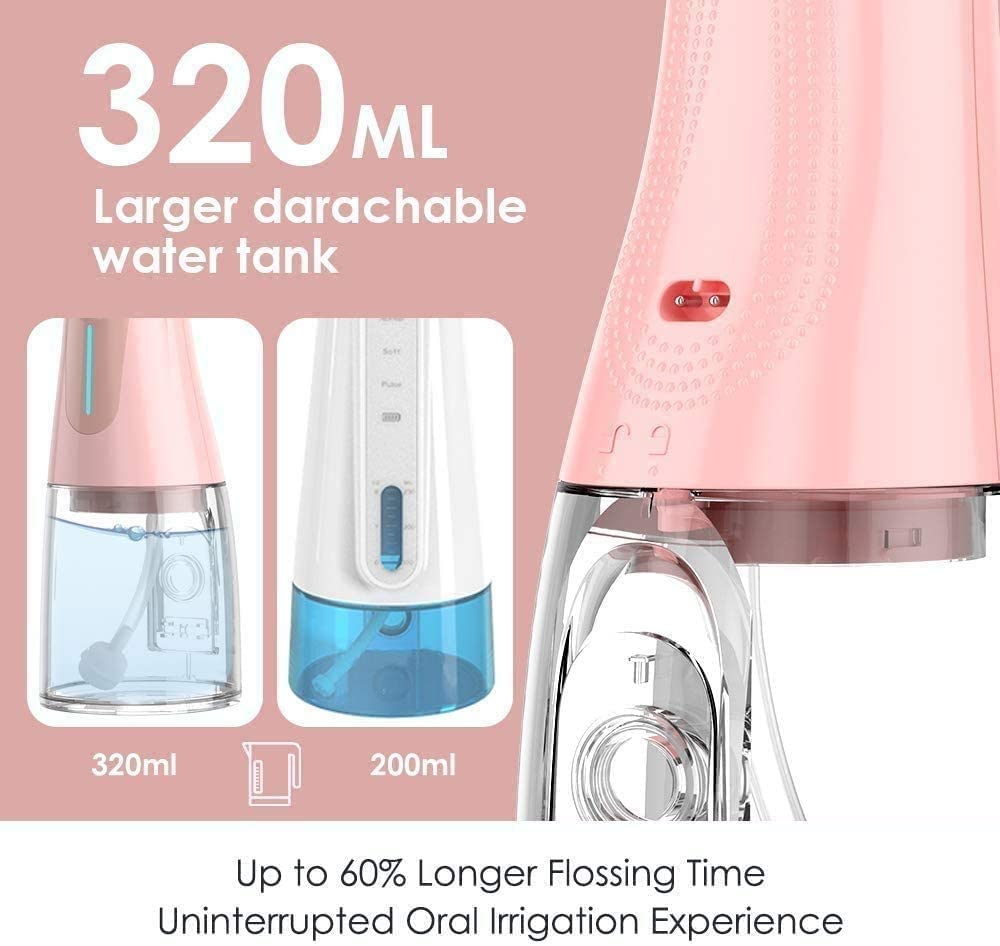 CAFFIA Water Flosser Professional Cordless Rechargeable Dental Oral Irrigator Ultra Water Jet for Teeth Braces Care with 6 Jet Tips 6 Modes IPX7 Waterproof 320ML Water Tank for Travel and Home Use (C