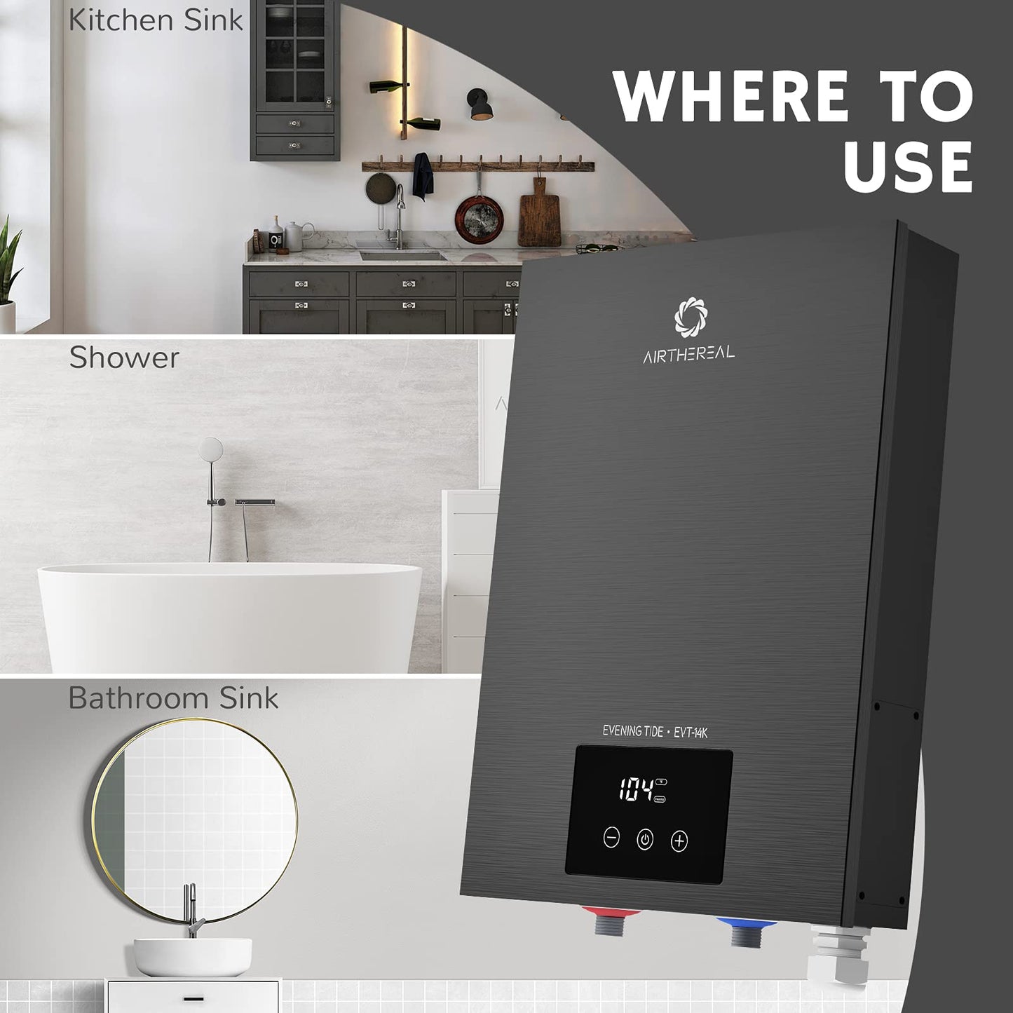 Airthereal Electric Tankless Water Heater 14kW, 240Volts - Endless On-Demand Hot Water - Self Modulates to Save Energy Use - Small Enough to Install Anywhere - for 1 Shower, Evening Tide series