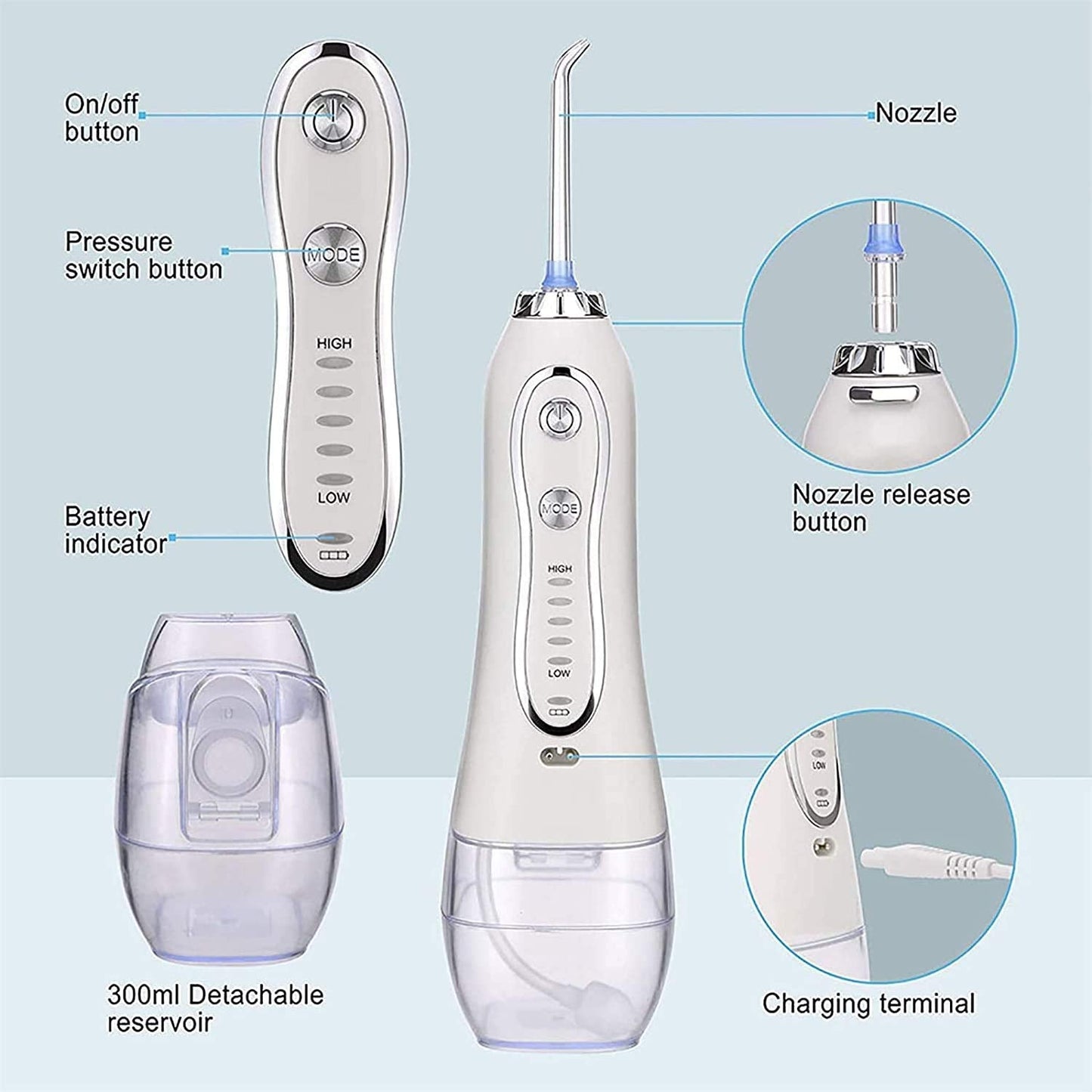 Rechargeable Water Dental Flosser Cordless: Power Teeth Cleaner with USB Cable, IPX7 Waterproof Flosser for Oral Bridges Care with 5 Mode, 300ML Detachable Water Tank