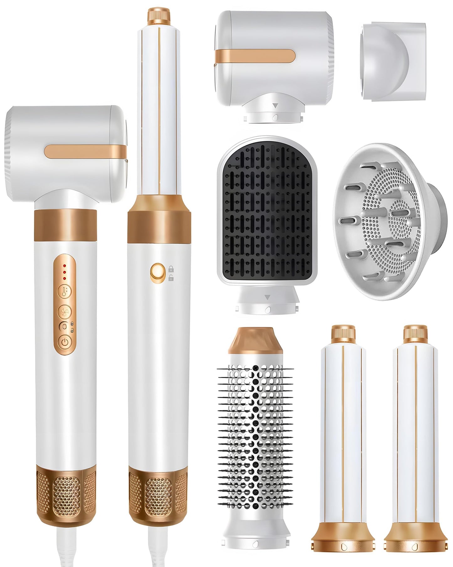 Hair Dryer Styler 7 in 1, High Speed Brushless Motor Blow Dryer Wrap Air Styling Tools Set - Hot Air Brush, Diffuser, Nozzles, Hair Straightener Comb, Curling Wand, Hair Volumizer (White)
