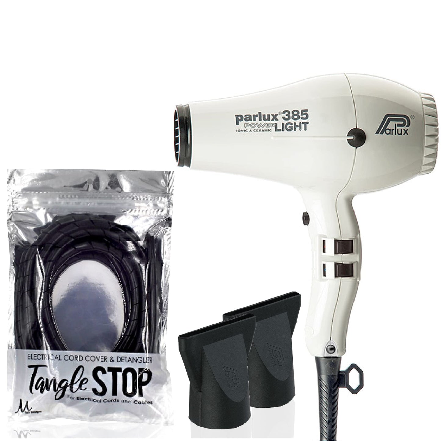 Parlux 385 Powerlight Ionic & Ceramic White Hair Dryer and M Hair Designs Tangle Stop Cord Cover Detangler (Bundle 2 Items)