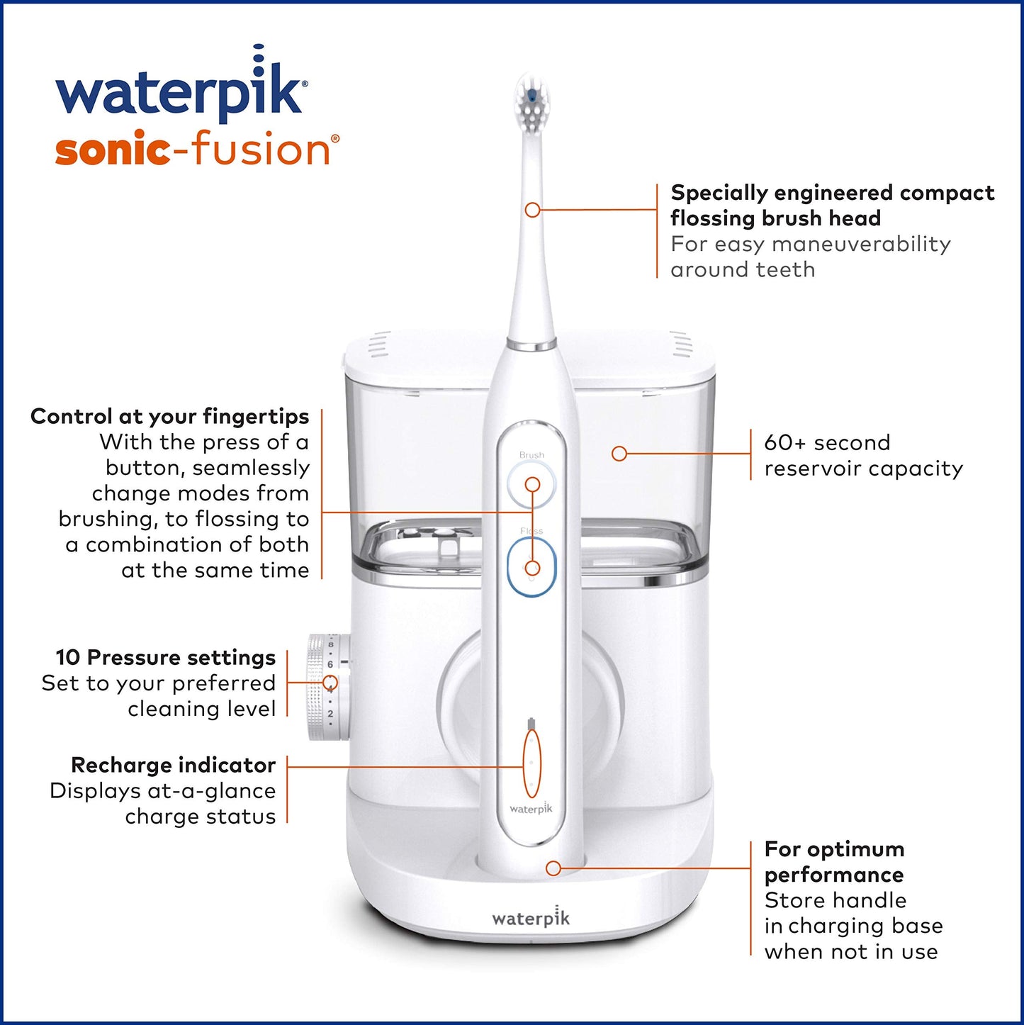 Waterpik Sonic-Fusion Professional Flossing, Electric Toothbrush & Water Flosser Combo in One, SF-02, White
