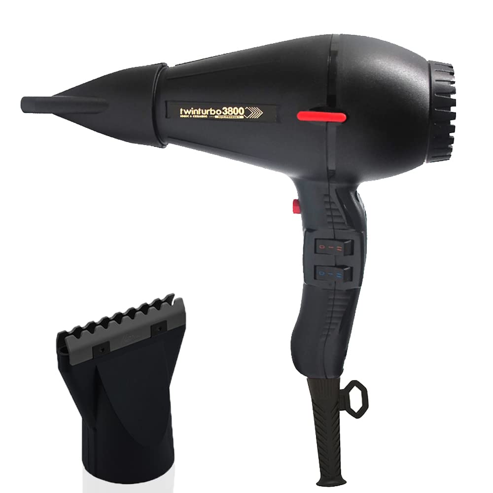 Turbo Power TwinTurbo 3800 Ceramic & Ionic Eco Friendly Black Hair Dryer and M Hair Designs Hot Blow Attachment Black (Bundle 2 Items)