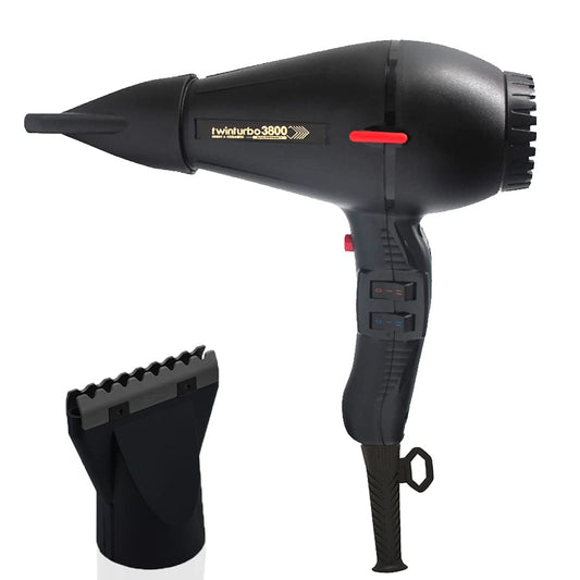 Turbo Power TwinTurbo 3800 Ceramic & Ionic Eco Friendly Black Hair Dryer and M Hair Designs Hot Blow Attachment Black (Bundle 2 Items)