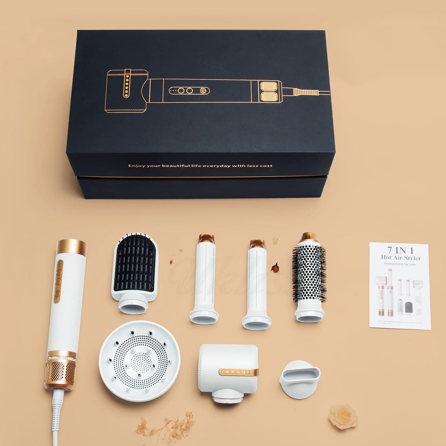 Hair Dryer Styler 7 in 1, High Speed Brushless Motor Blow Dryer Wrap Air Styling Tools Set - Hot Air Brush, Diffuser, Nozzles, Hair Straightener Comb, Curling Wand, Hair Volumizer (White)