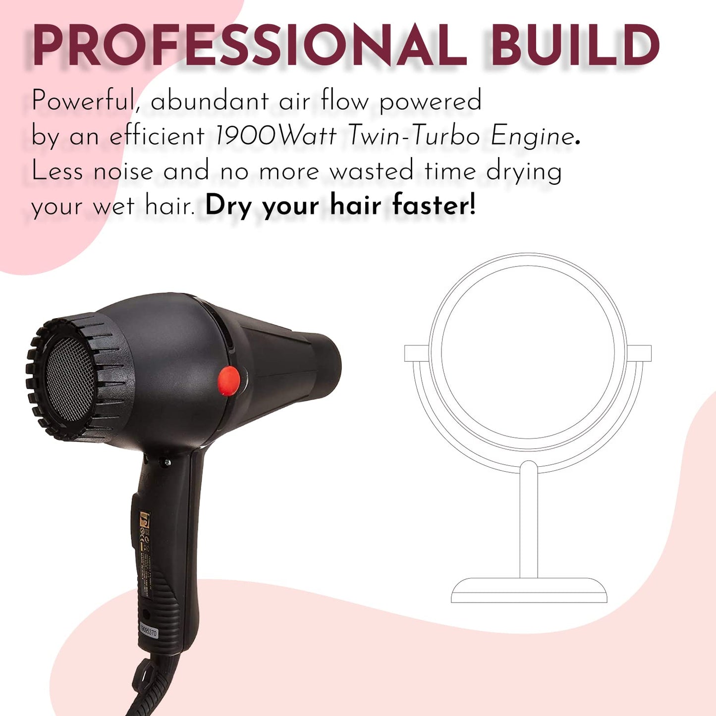 idinio Turbo Power Hair Dryer Ionic Professional, Black, Twin Turbo Blower Advanced, Comes with Brush, (3900- TP)