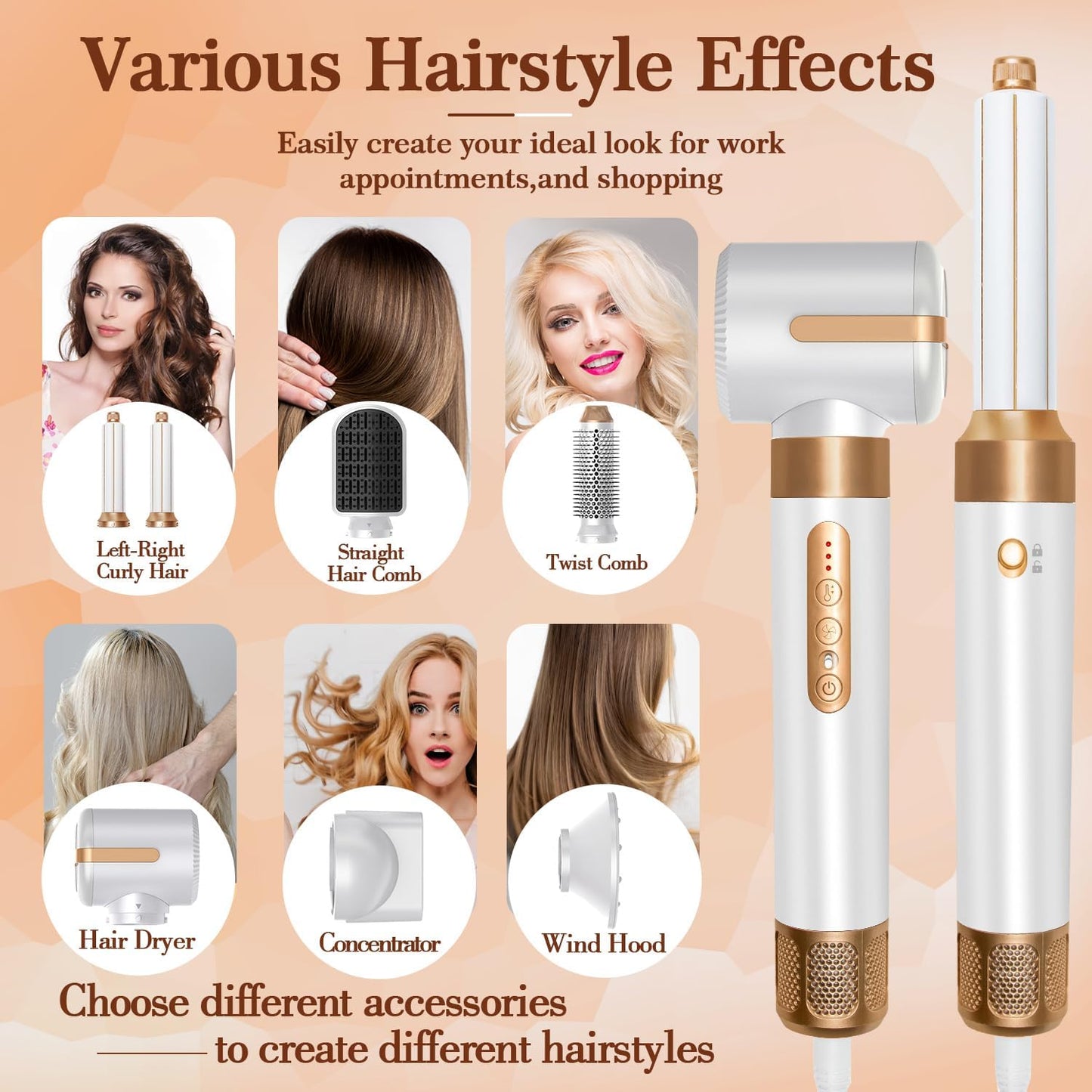 Hair Dryer Styler 7 in 1, High Speed Brushless Motor Blow Dryer Wrap Air Styling Tools Set - Hot Air Brush, Diffuser, Nozzles, Hair Straightener Comb, Curling Wand, Hair Volumizer (White)