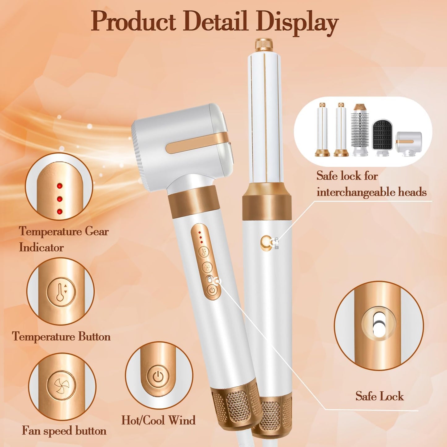 Hair Dryer Styler 7 in 1, High Speed Brushless Motor Blow Dryer Wrap Air Styling Tools Set - Hot Air Brush, Diffuser, Nozzles, Hair Straightener Comb, Curling Wand, Hair Volumizer (White)