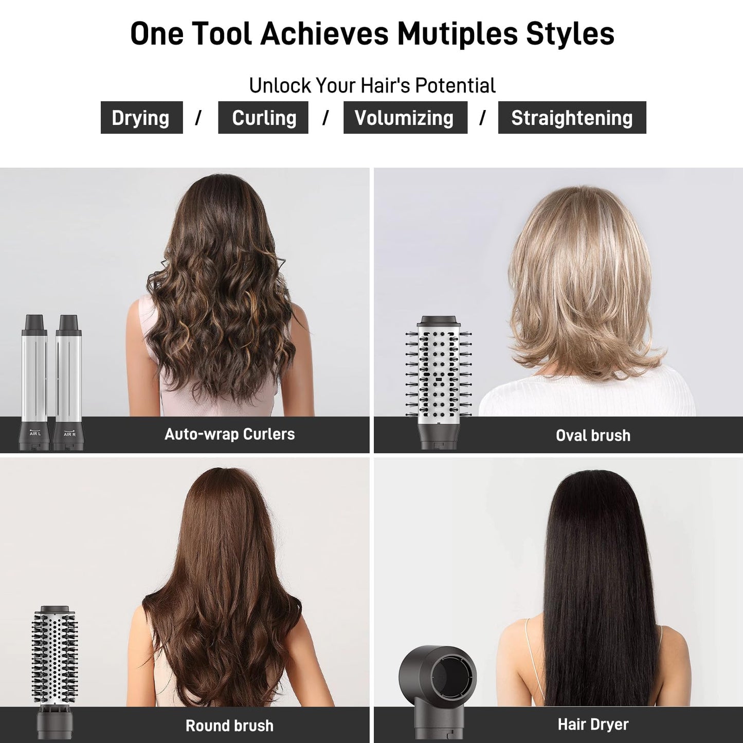 5 in 1 Hair Air Styler - Rotating Hair Dryer Brush 110000 RPM for Fast Drying Hot-Air Automatic Wrap Curlers for Curling, Frizz-Free Blow Dryer Brush for Straightening Volumizing No Heat Damage(Gray)