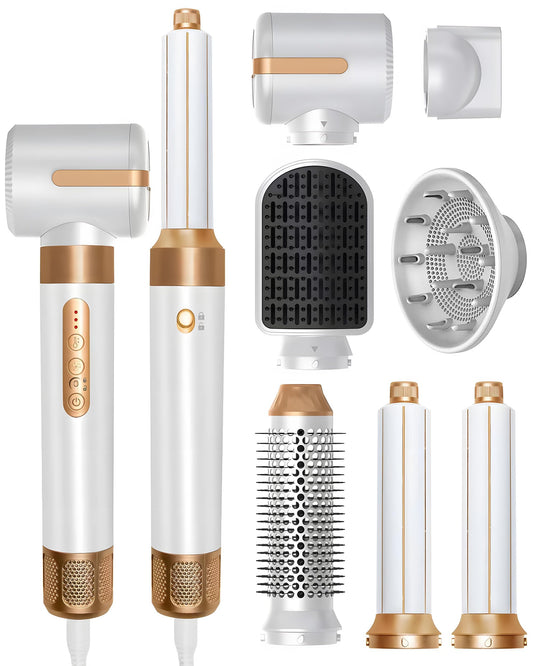 Hair Dryer Styler 7 in 1, High Speed Brushless Motor Blow Dryer Wrap Air Styling Tools Set - Hot Air Brush, Diffuser, Nozzles, Hair Straightener Comb, Curling Wand, Hair Volumizer (White)