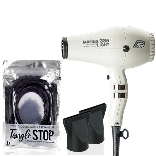 Parlux 385 Powerlight Ionic & Ceramic White Hair Dryer and M Hair Designs Tangle Stop Cord Cover Detangler (Bundle 2 Items)