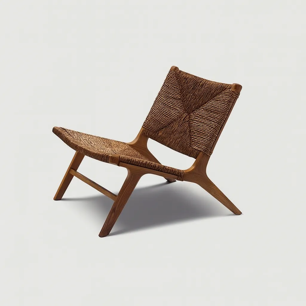 Modern Wooden Armchair With Handwoven Backrest And Seat
