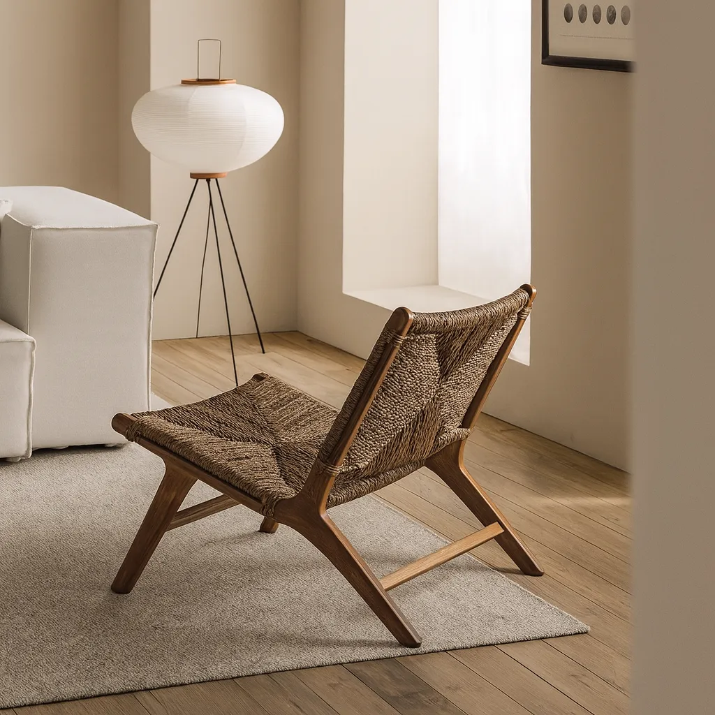 Modern Wooden Armchair With Handwoven Backrest And Seat - Image 4