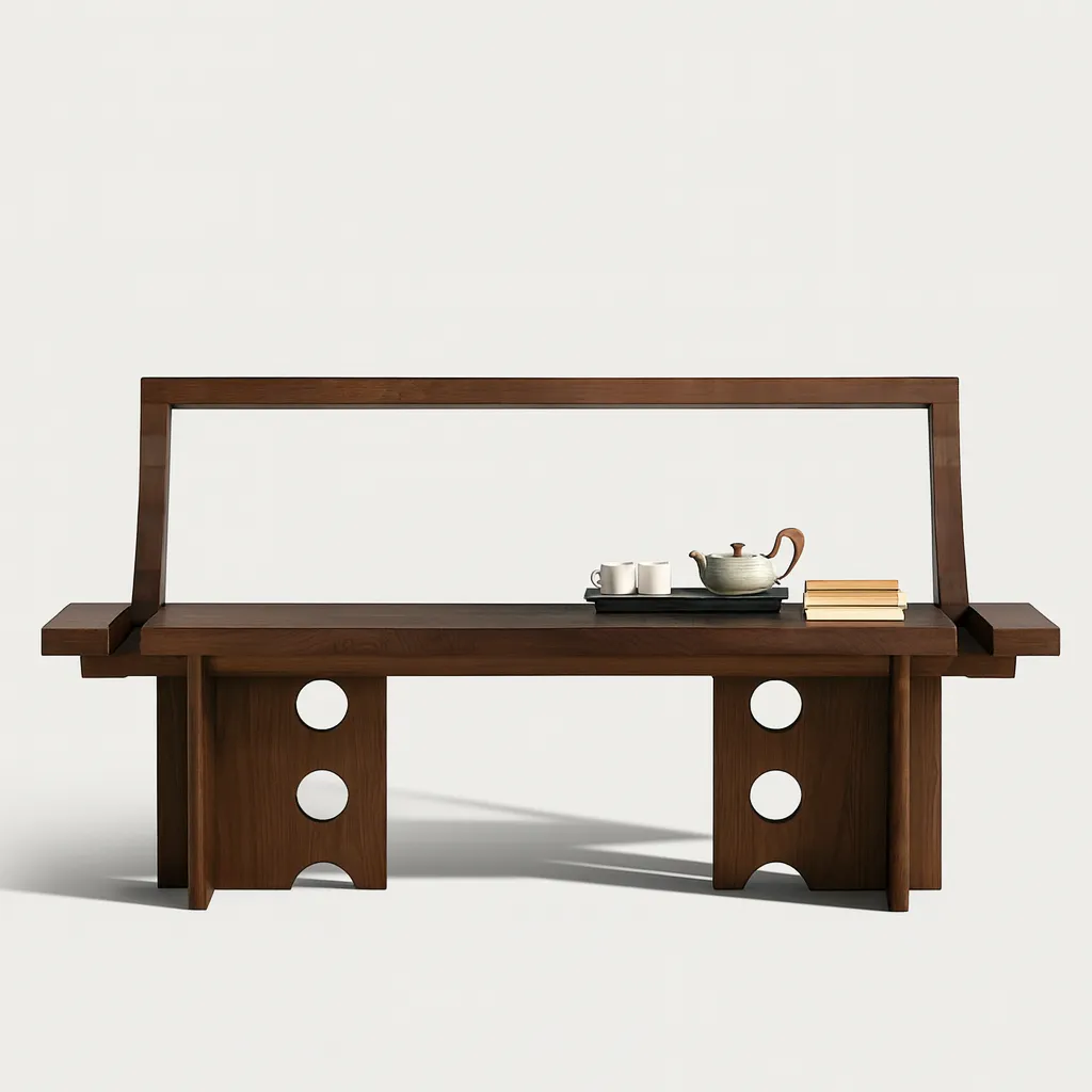 Modern Wooden Bench With Backrest And Armrests