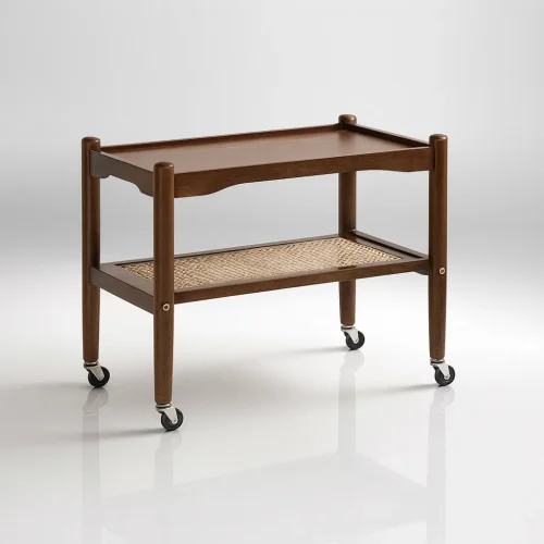 Modern Wooden Side Table With Cane Shelf And Wheels