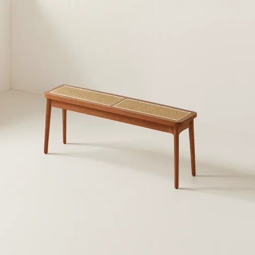 Slim Wooden Bench With Woven Rattan Seat